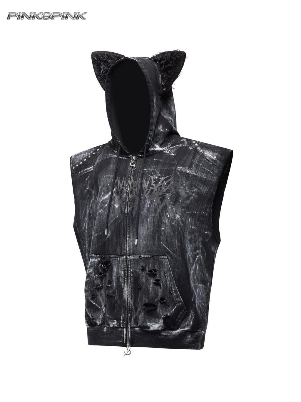 PINKSPINK Cat Ear Studded Punk Hooded Loose Zippered Women's Cotton Vests