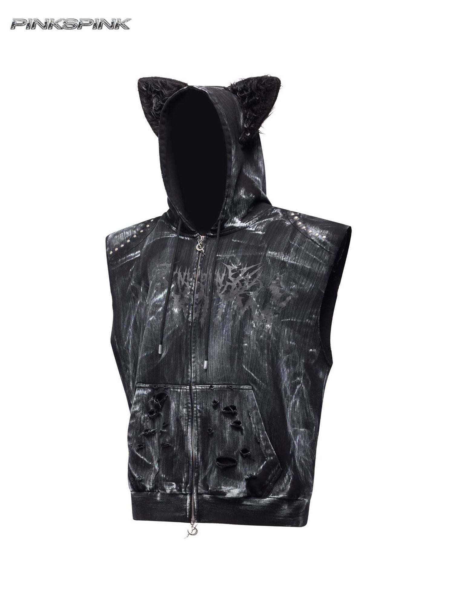 PINKSPINK Cat Ear Studded Punk Hooded Loose Zippered Women's Cotton Vests