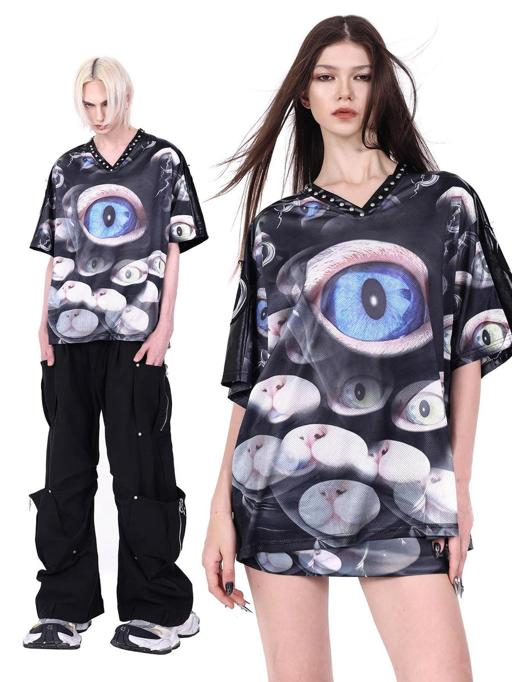 PINKSPINK Cat Eye Concept Studded V-neck Patchwork Mesh Print Women's Oversized T-shirts