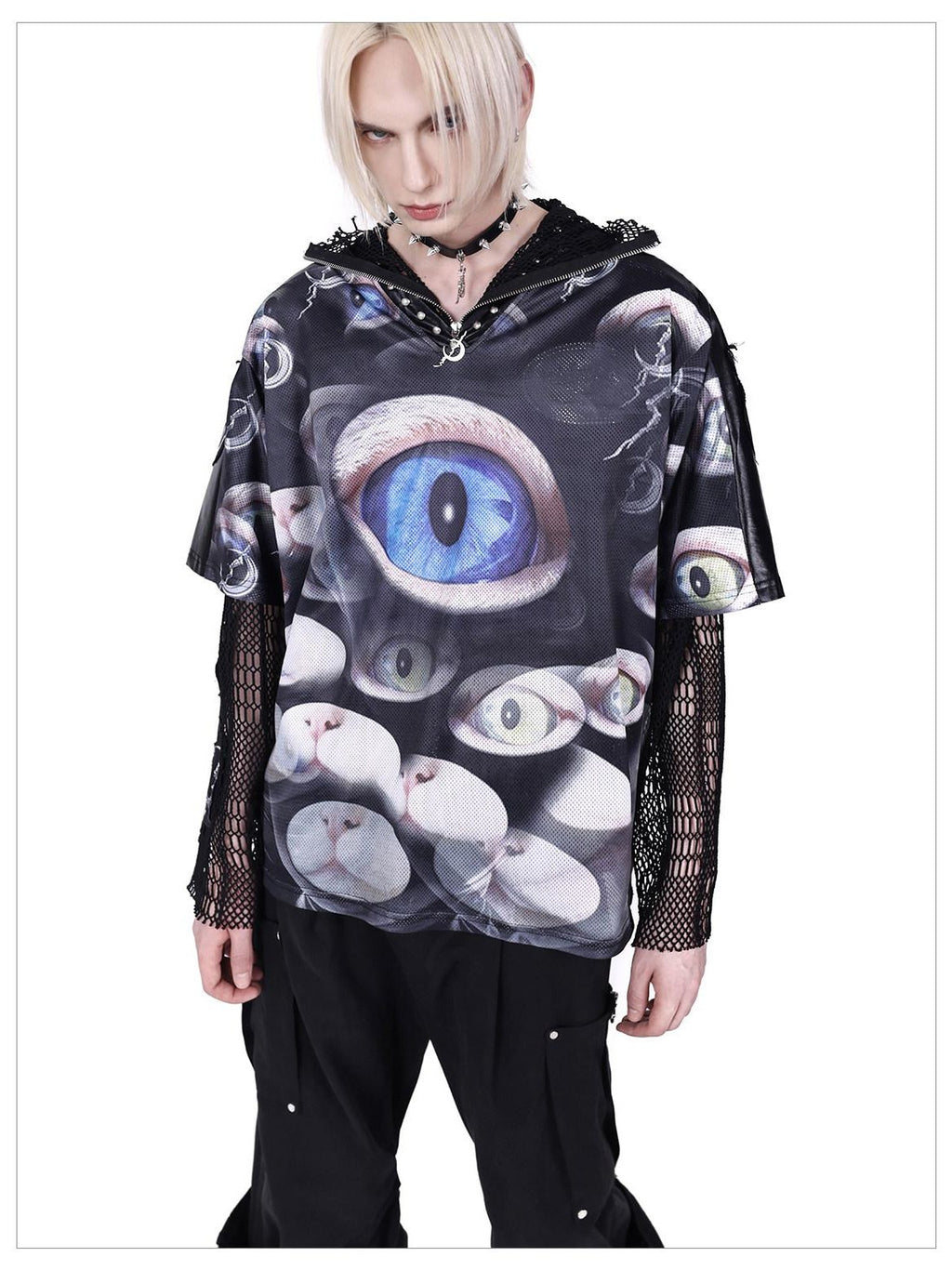 PINKSPINK Cat Eye Concept Studded V-neck Patchwork Mesh Print Women's Oversized T-shirts
