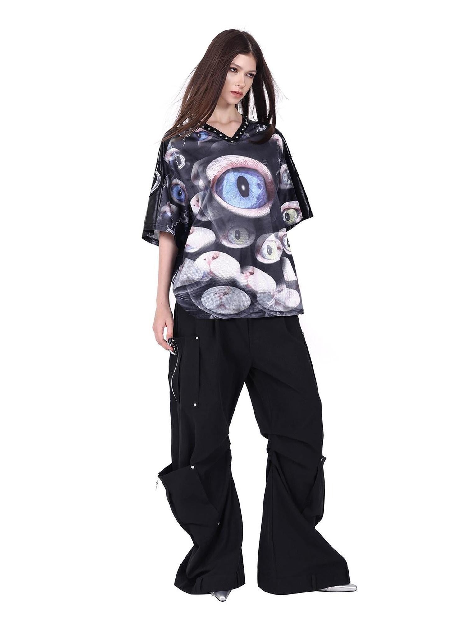 PINKSPINK Cat Eye Concept Studded V-neck Patchwork Mesh Print Women's Oversized T-shirts