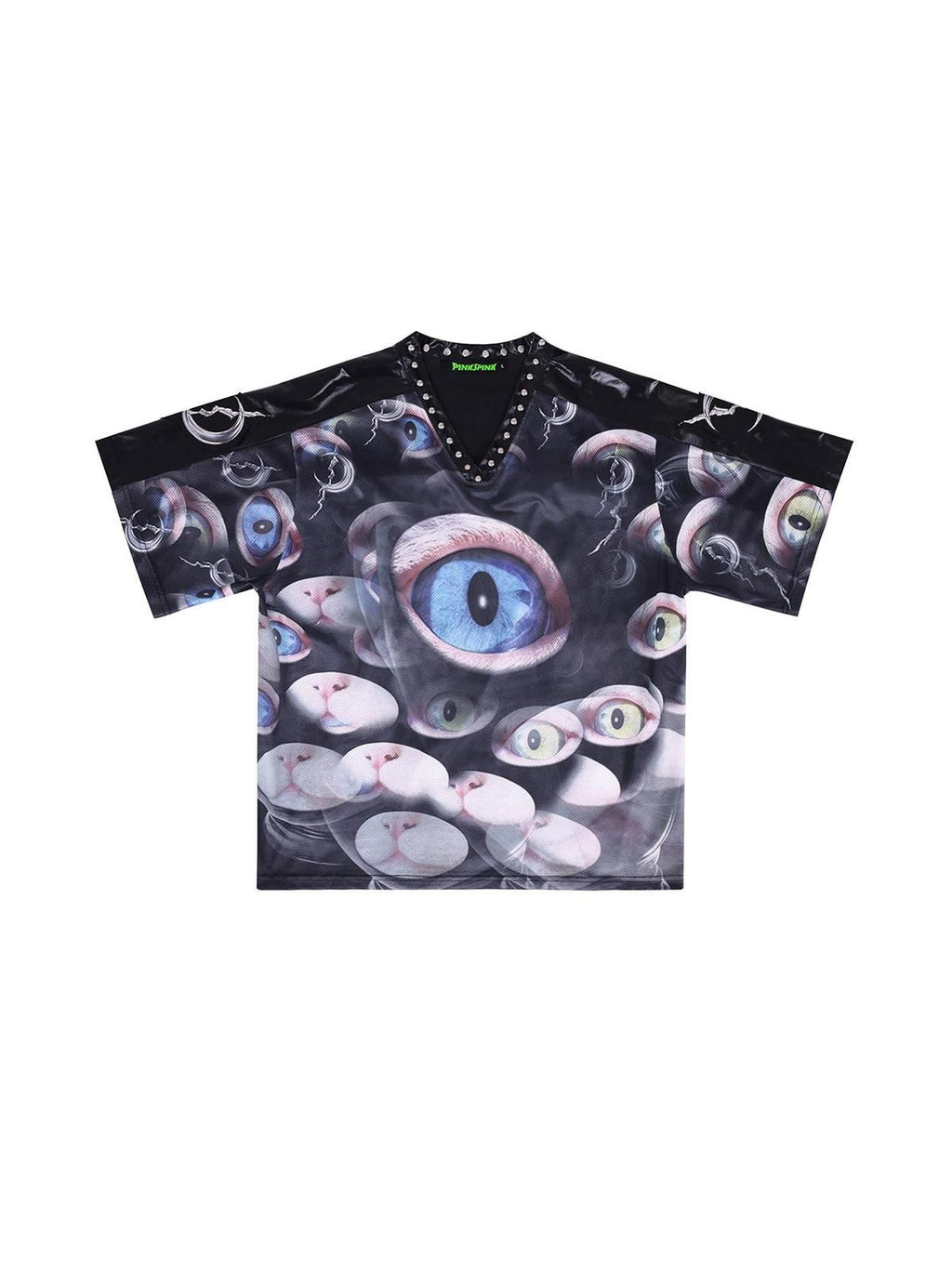 PINKSPINK Cat Eye Concept Studded V-neck Patchwork Mesh Print Women's Oversized T-shirts