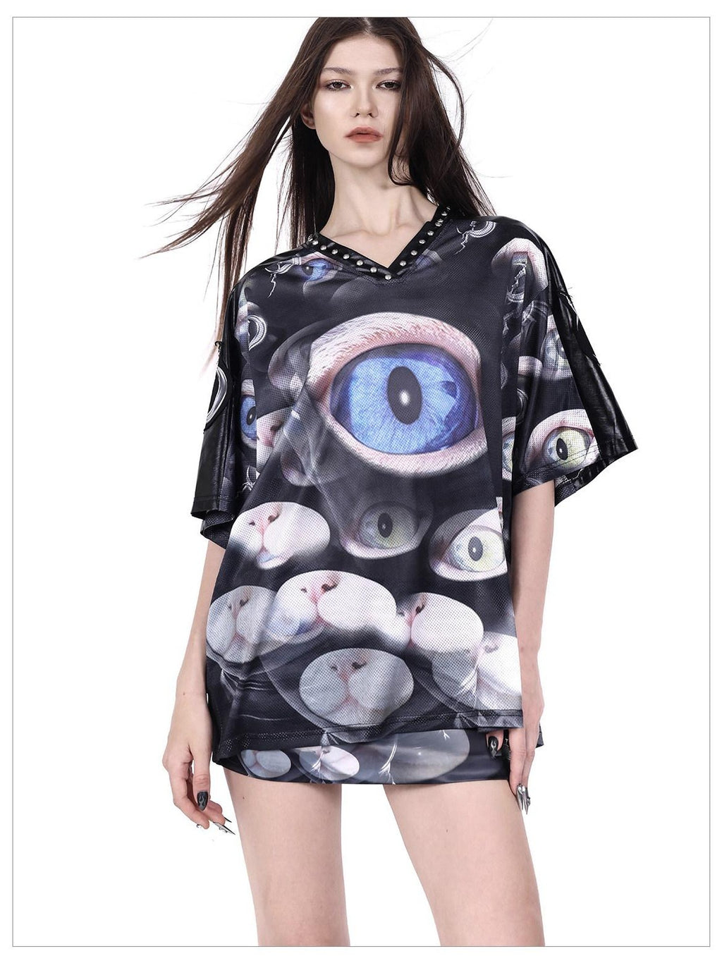 PINKSPINK Cat Eye Concept Studded V-neck Patchwork Mesh Print Women's Oversized T-shirts