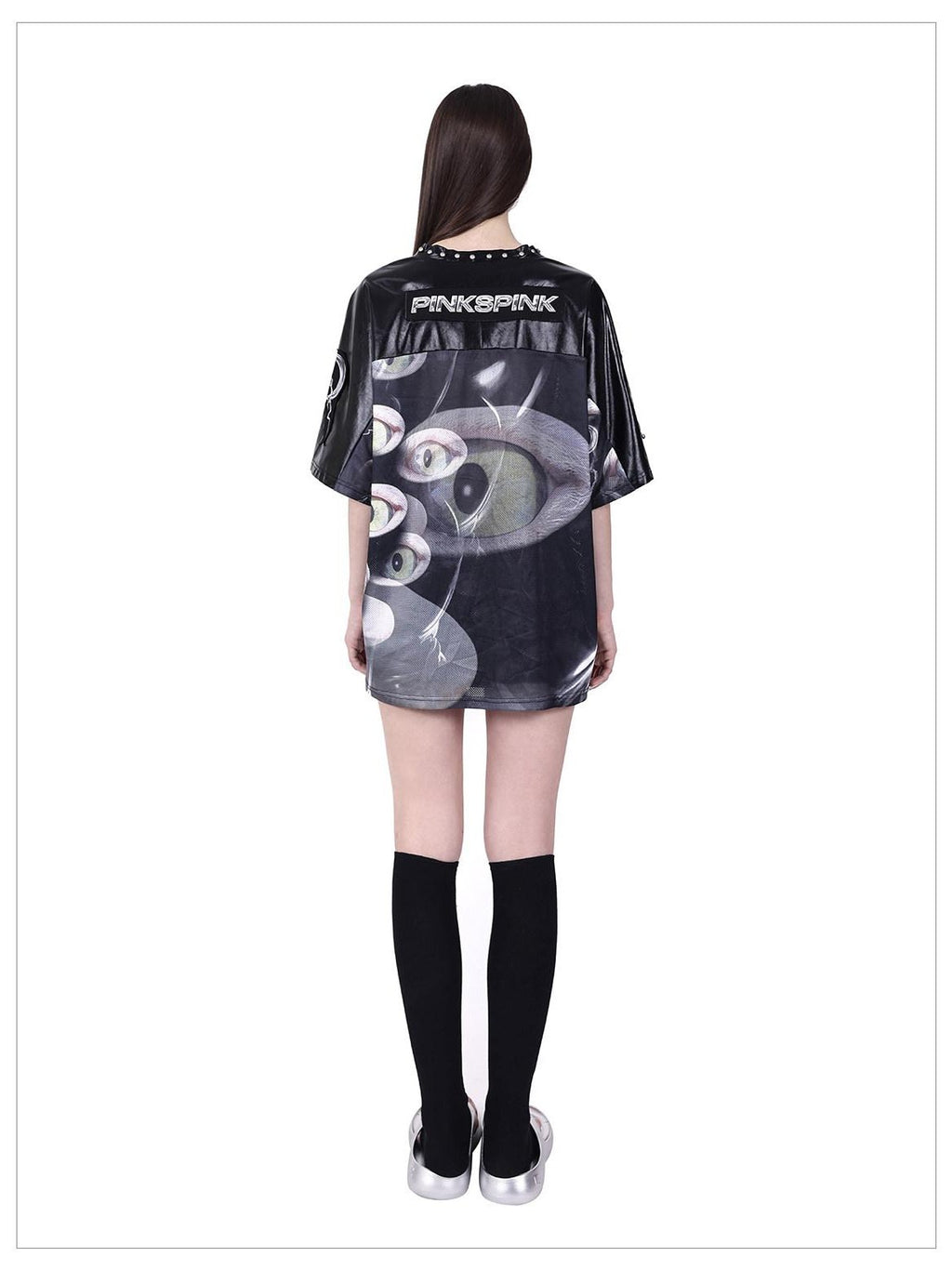 PINKSPINK Cat Eye Concept Studded V-neck Patchwork Mesh Print Women's Oversized T-shirts