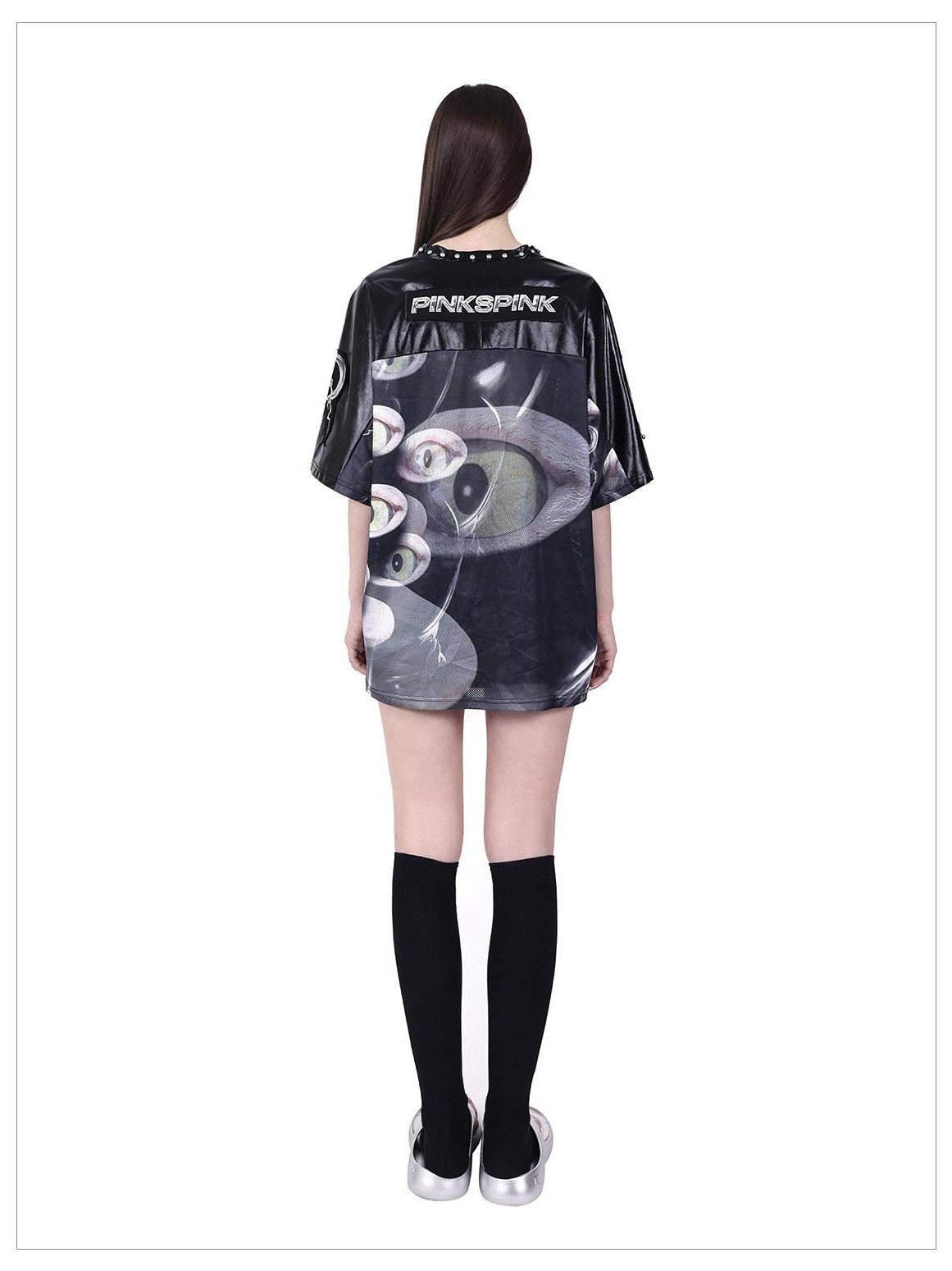 PINKSPINK Cat Eye Concept Studded V-neck Patchwork Mesh Print Women's Oversized T-shirts
