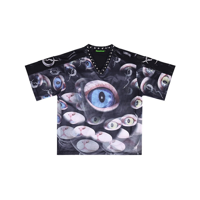 PINKSPINK_Cat_Eye_Studded_V-neck_Patchwork_Print_Women's_Mesh_Oversized_T-shirts_800953719618_MISSTT