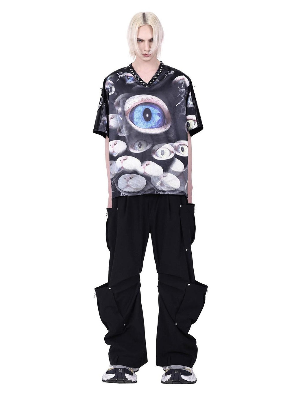 PINKSPINK Cat Eye Studded V-neck Patchwork Print Women's Mesh Oversized T-shirts