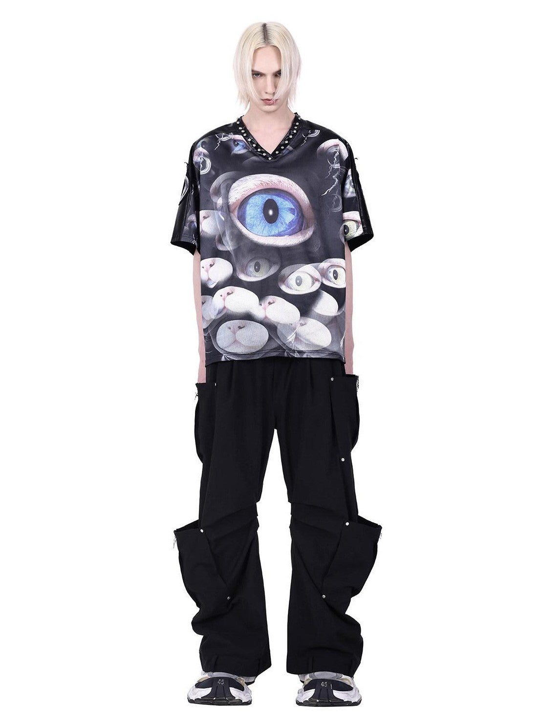 PINKSPINK Cat Eye Studded V-neck Patchwork Print Women's Mesh Oversized T-shirts