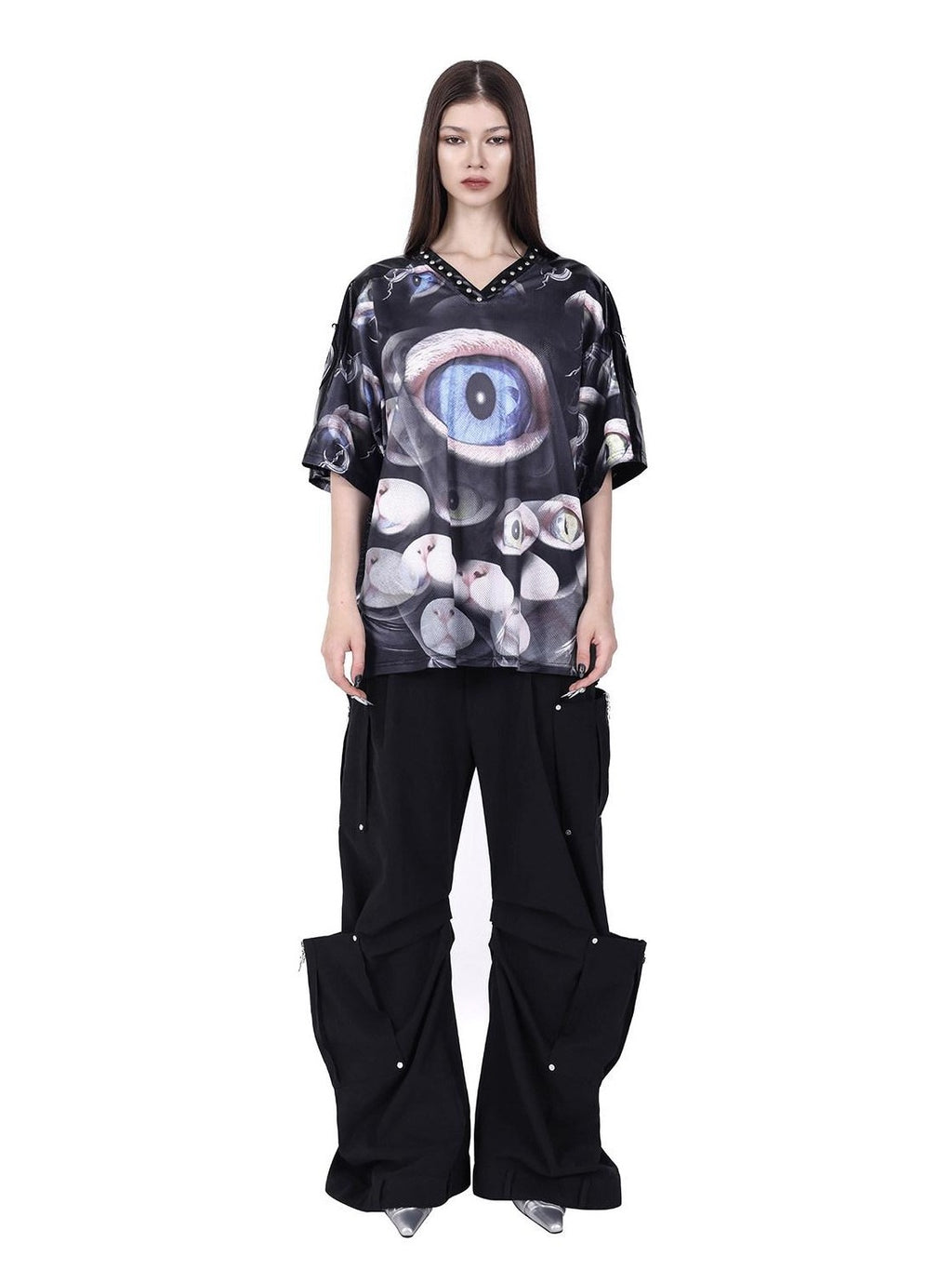 PINKSPINK Cat Eye Studded V-neck Patchwork Print Women's Mesh Oversized T-shirts
