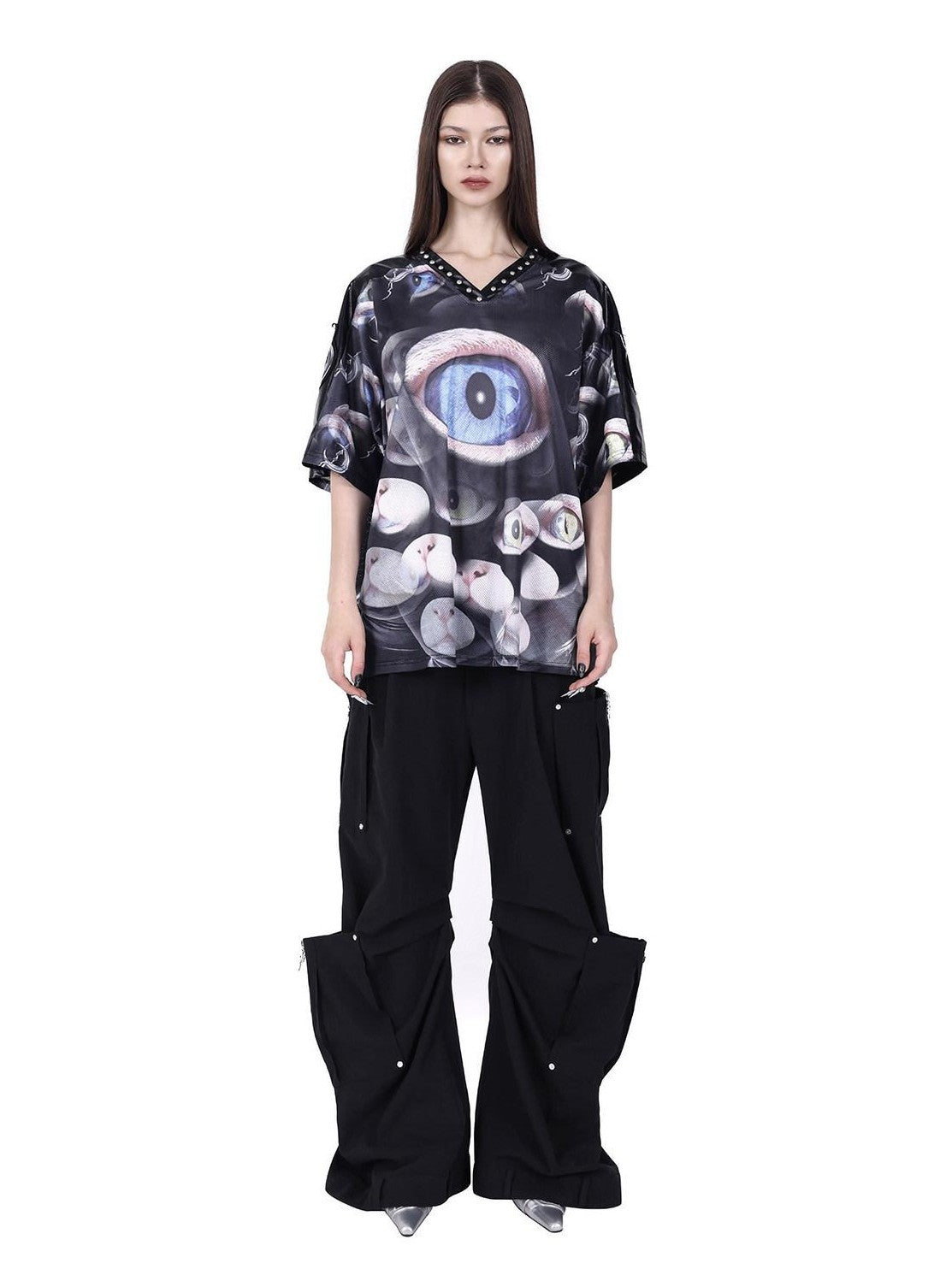 PINKSPINK Cat Eye Studded V-neck Patchwork Print Women's Mesh Oversized T-shirts