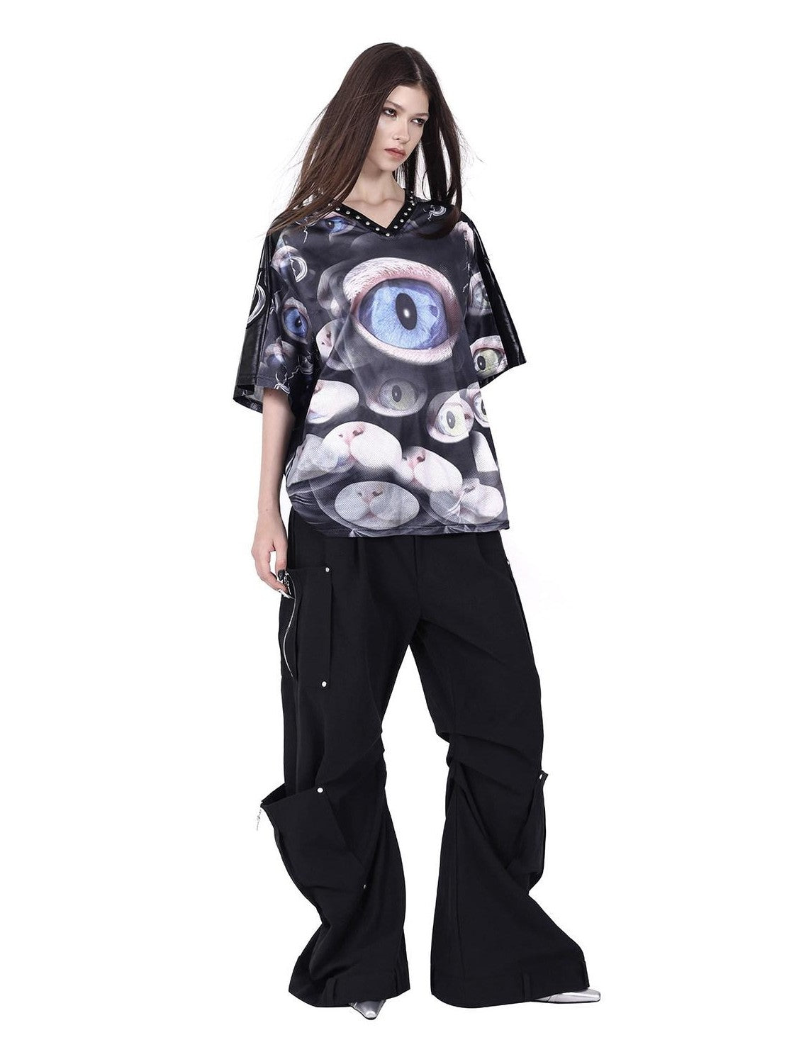 PINKSPINK Cat Eye Studded V-neck Patchwork Print Women's Mesh Oversized T-shirts