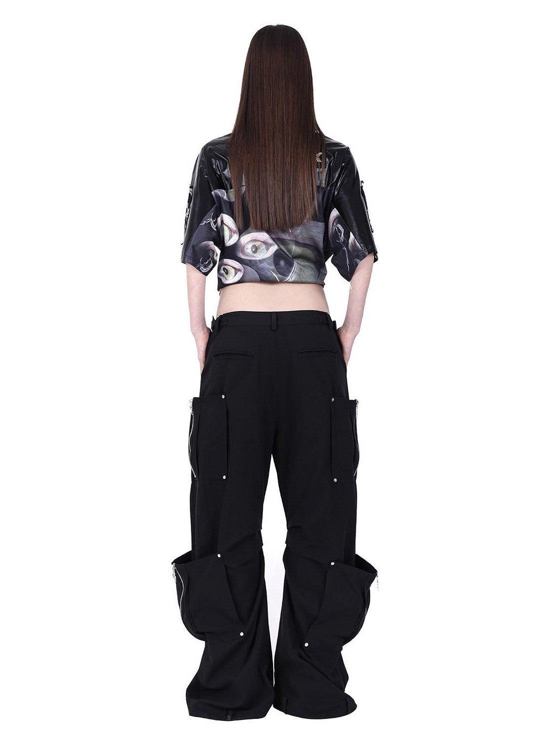 PINKSPINK Cat Eye Studded V-neck Patchwork Print Women's Mesh Oversized T-shirts