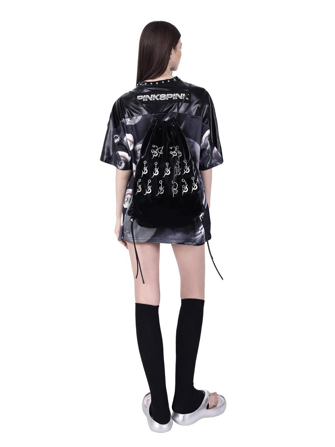 PINKSPINK Cat Eye Studded V-neck Patchwork Print Women's Mesh Oversized T-shirts