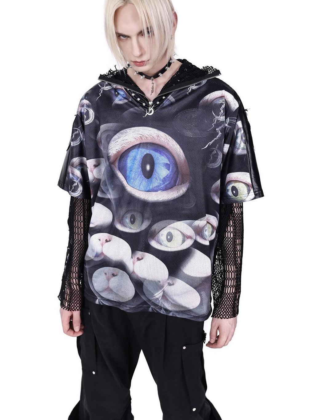 PINKSPINK Cat Eye Studded V-neck Patchwork Print Women's Mesh Oversized T-shirts