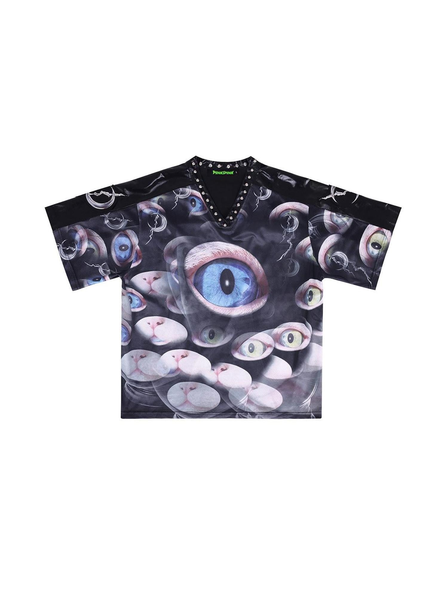 PINKSPINK Cat Eye Studded V-neck Patchwork Print Women's Mesh Oversized T-shirts
