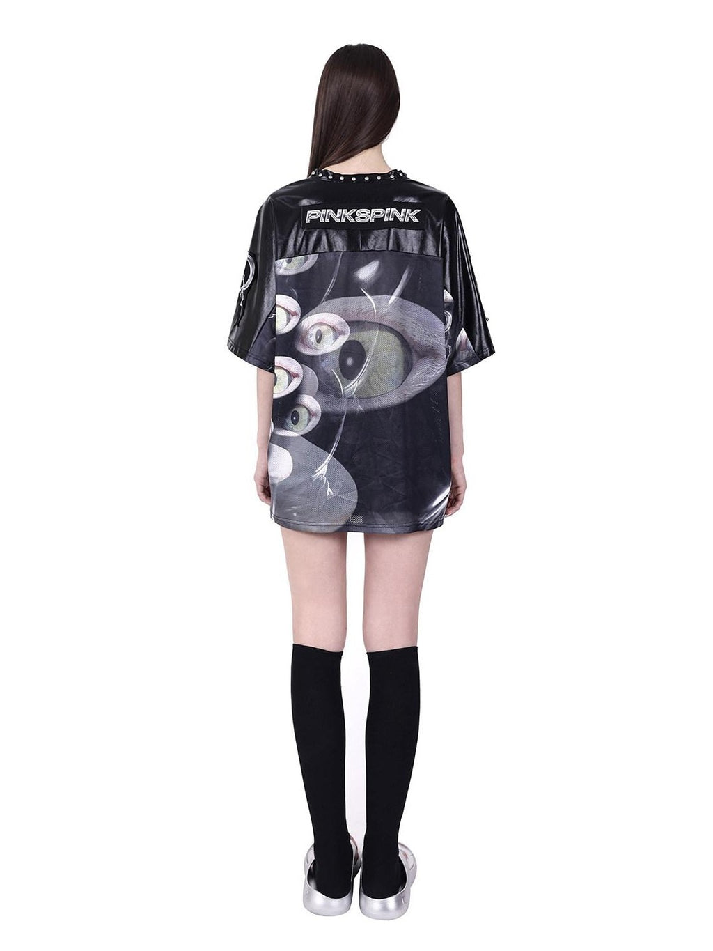 PINKSPINK Cat Eye Studded V-neck Patchwork Print Women's Mesh Oversized T-shirts