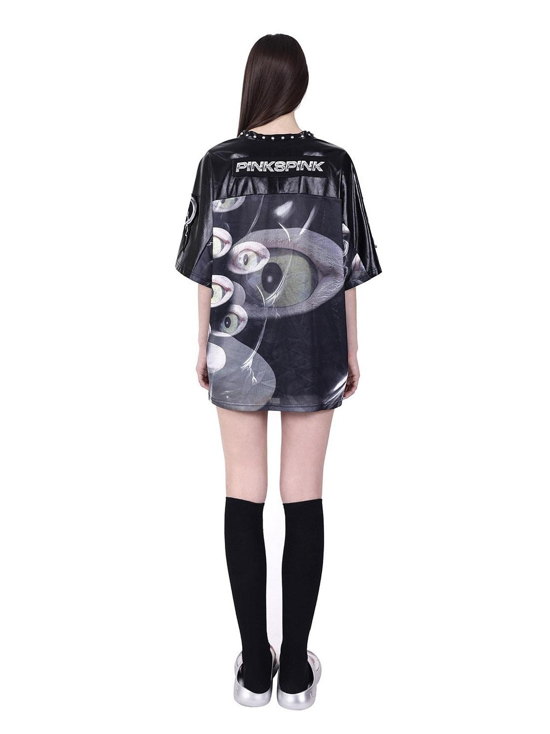 PINKSPINK Cat Eye Studded V-neck Patchwork Print Women's Mesh Oversized T-shirts