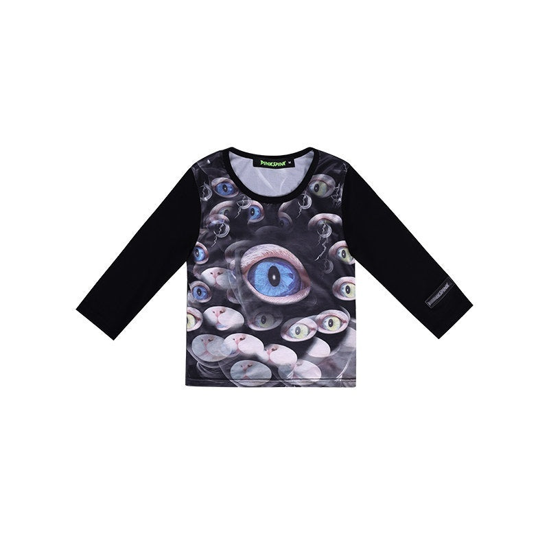 PINKSPINK_Cat_Eye_Text_Print_Raglan_Short_Sleeve_Slim_Fit_Women's_Polyester_Crop_Tops_800758598719_MISSTT