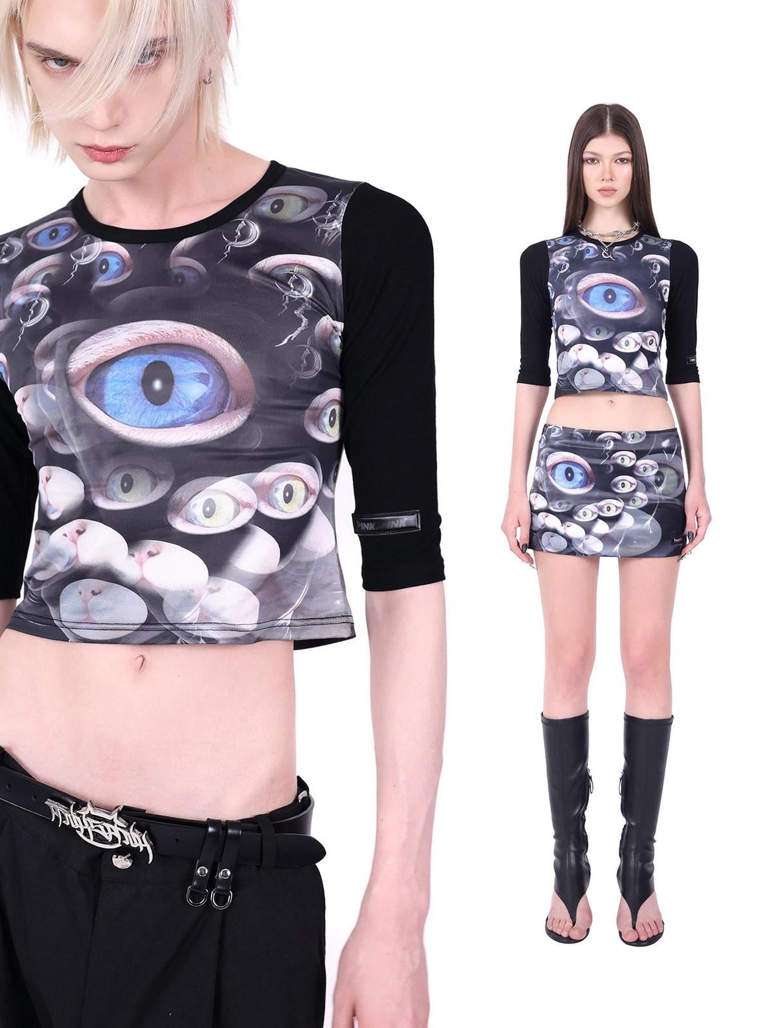PINKSPINK Cat Eye Text Print Raglan Short Sleeve Slim Fit Women's Polyester Crop Tops