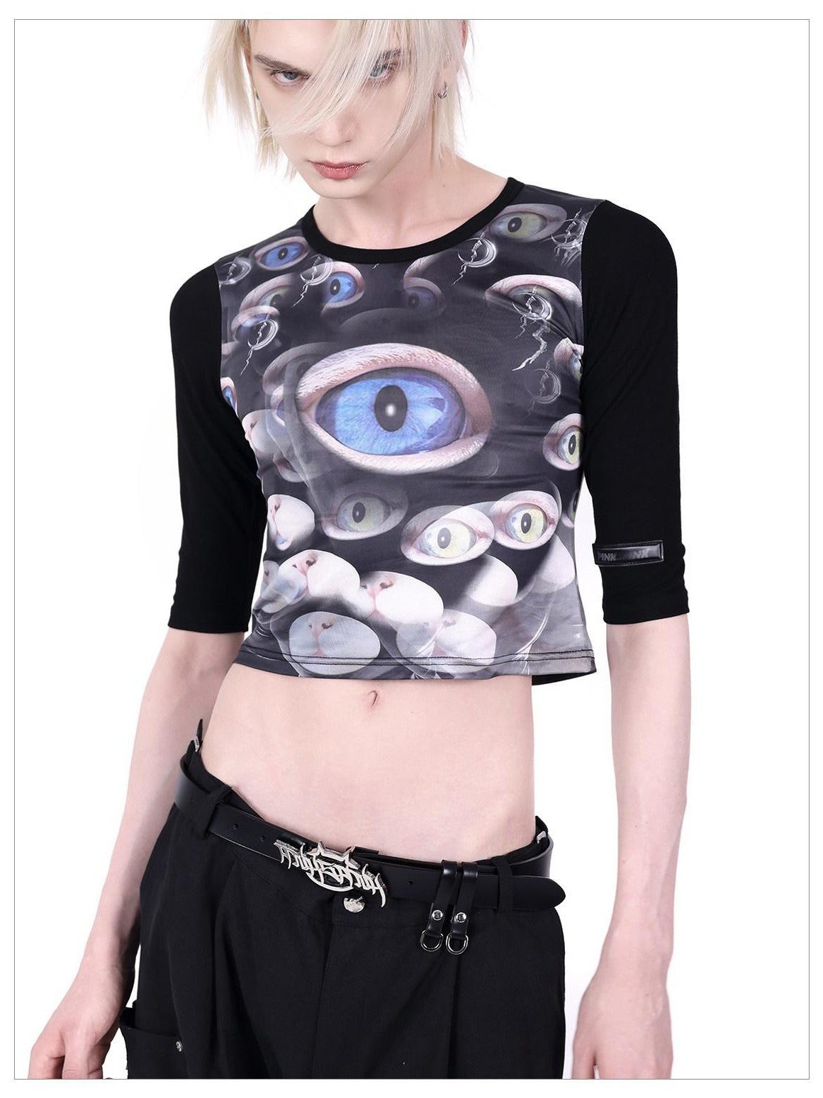 PINKSPINK Cat Eye Text Print Raglan Short Sleeve Slim Fit Women's Polyester Crop Tops