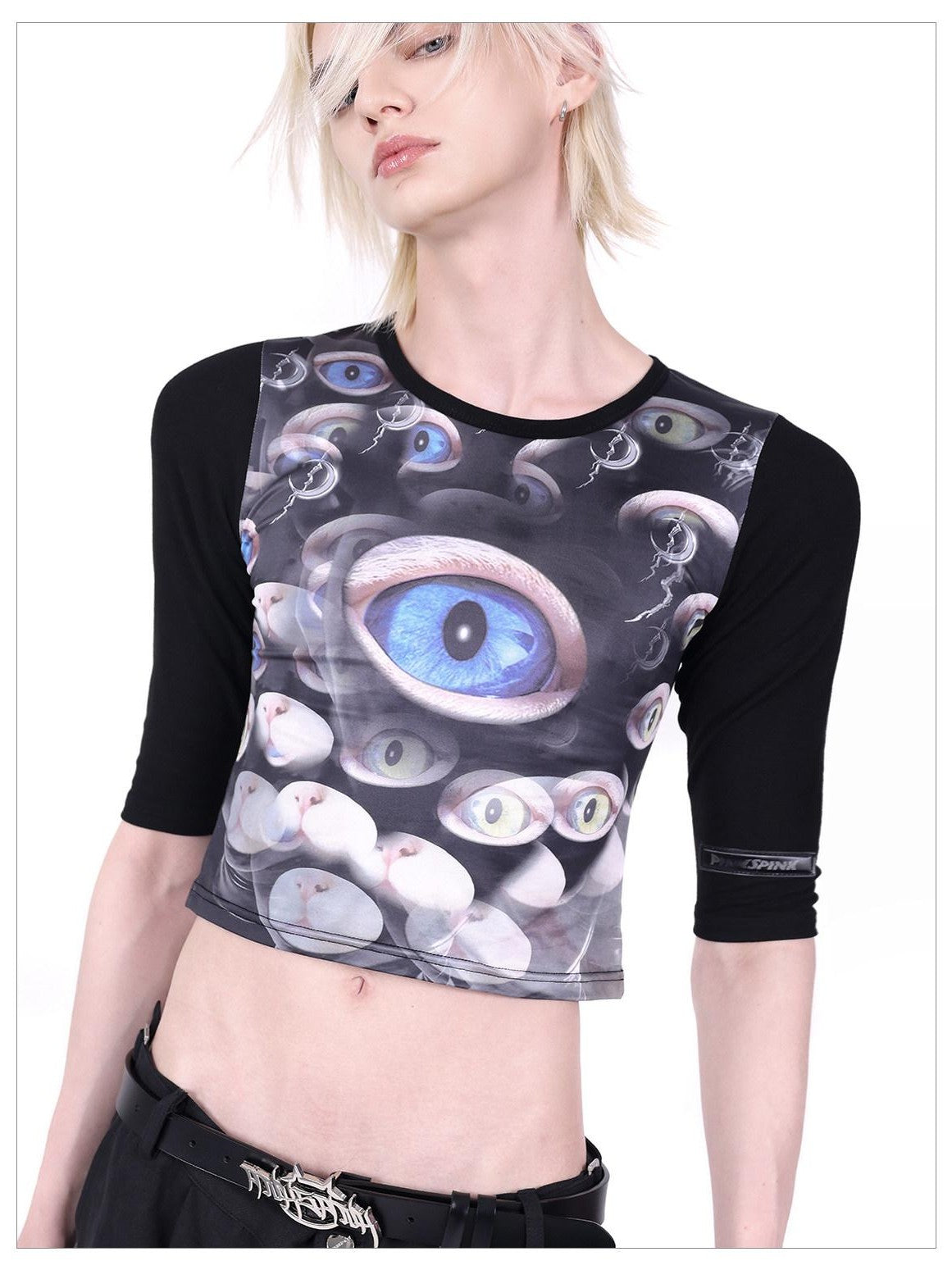 PINKSPINK Cat Eye Text Print Raglan Short Sleeve Slim Fit Women's Polyester Crop Tops
