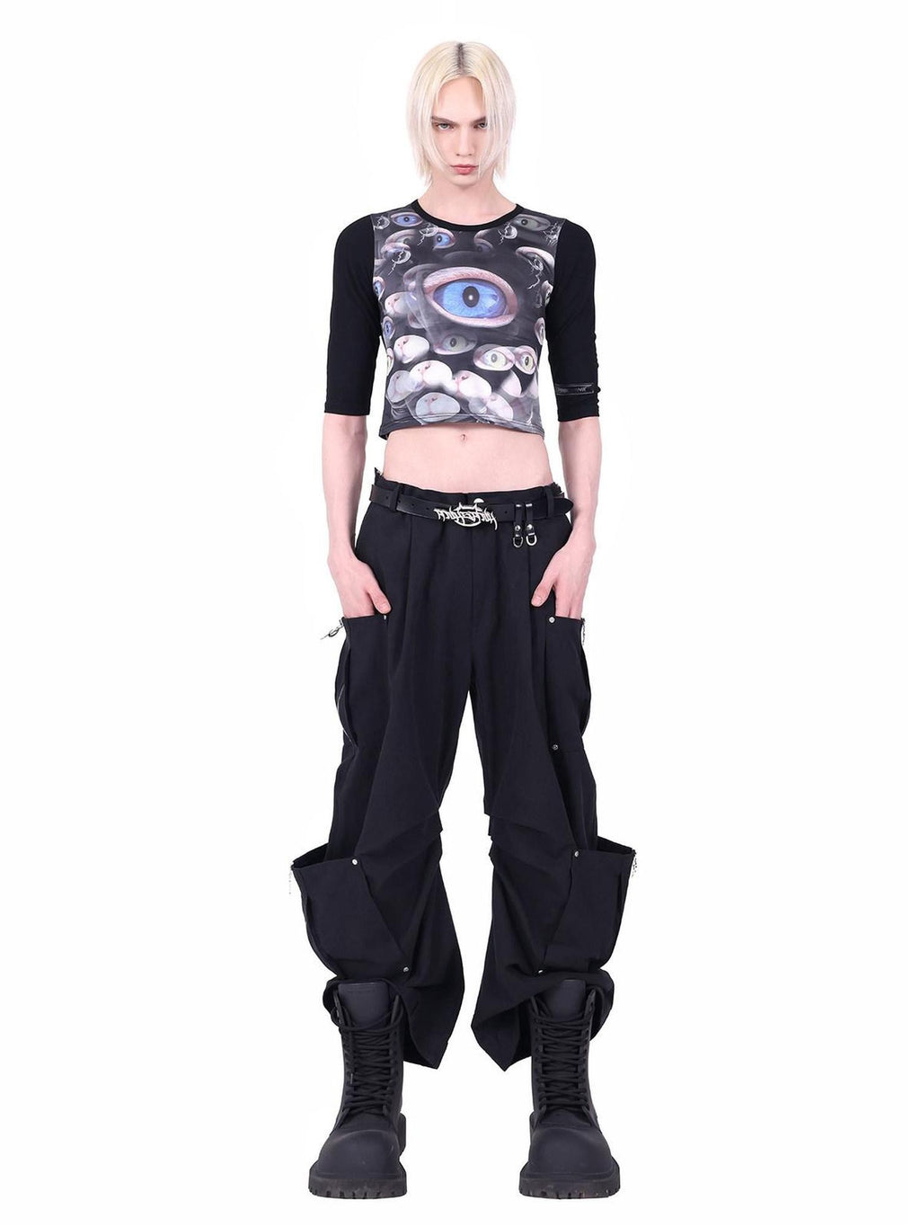 PINKSPINK Cat Eye Text Print Raglan Short Sleeve Slim Fit Women's Polyester Crop Tops