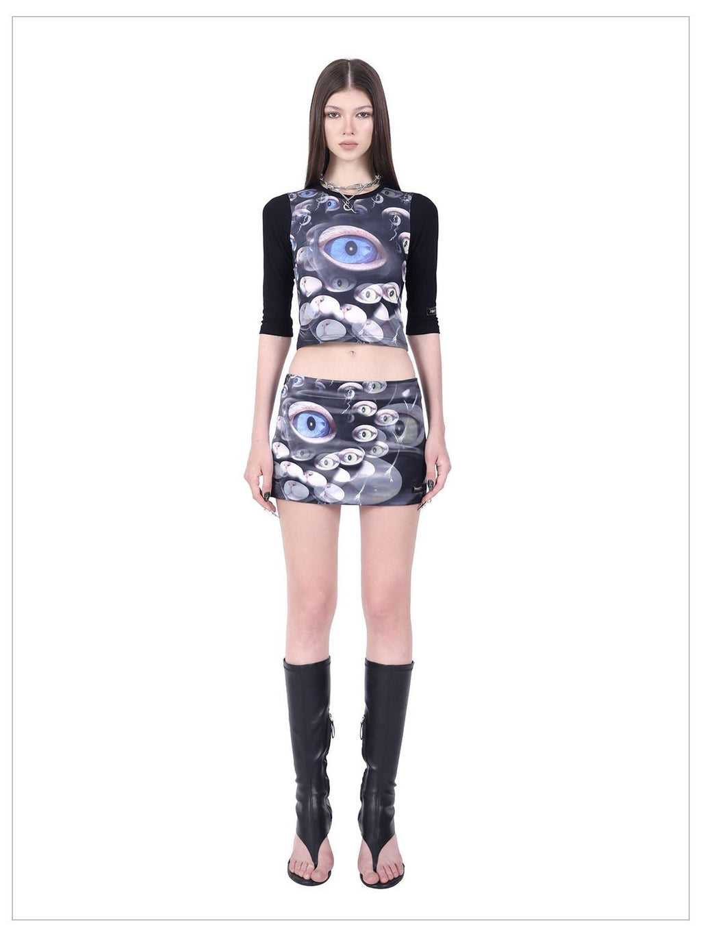 PINKSPINK Cat Eye Text Print Raglan Short Sleeve Slim Fit Women's Polyester Crop Tops