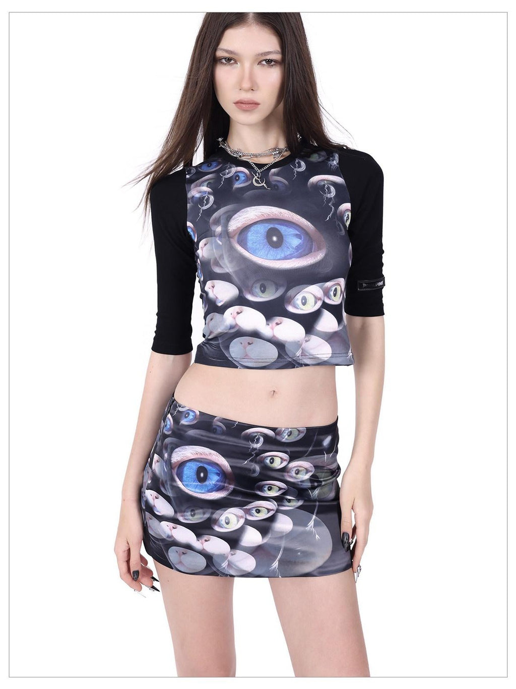 PINKSPINK Cat Eye Text Print Raglan Short Sleeve Slim Fit Women's Polyester Crop Tops