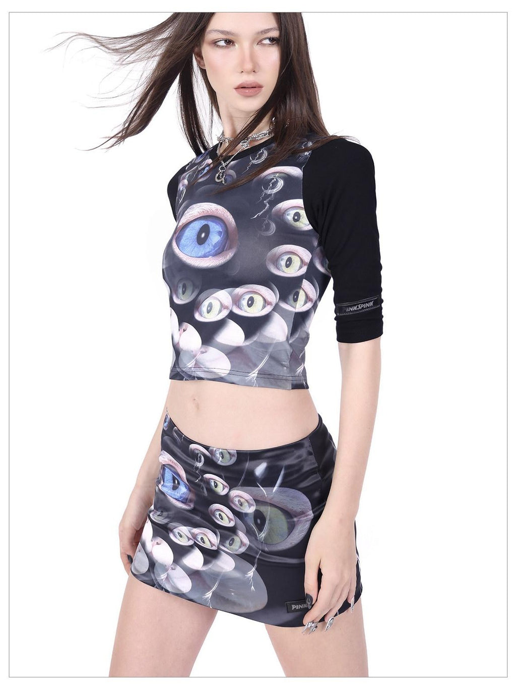 PINKSPINK Cat Eye Text Print Raglan Short Sleeve Slim Fit Women's Polyester Crop Tops