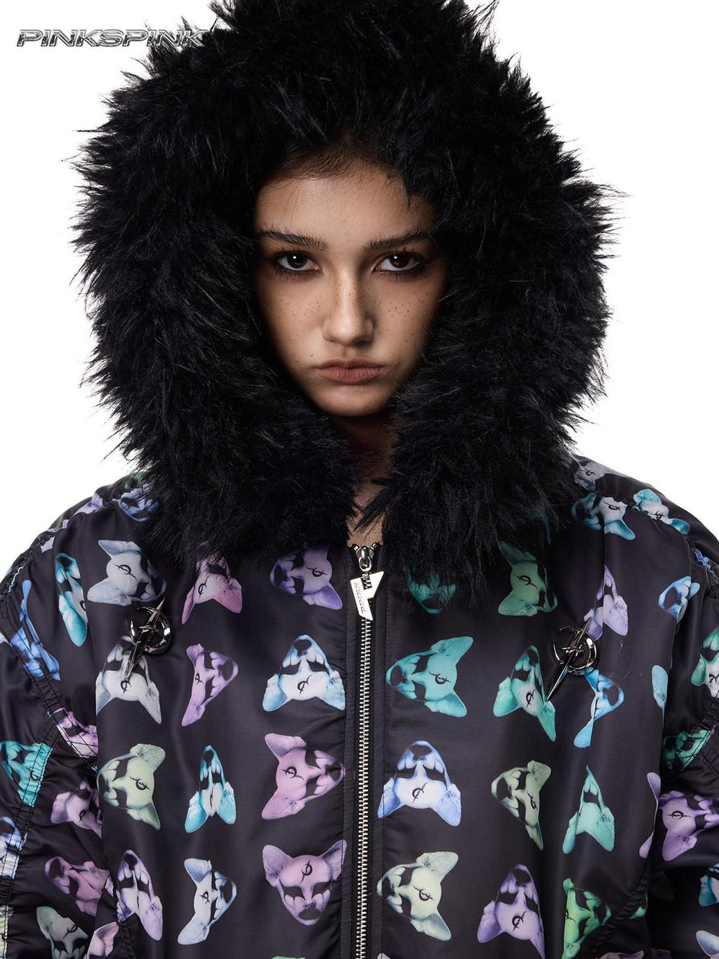 PINKSPINK Cat Motif Black Metal Fur Collar Women's Cotton Puffer Jackets