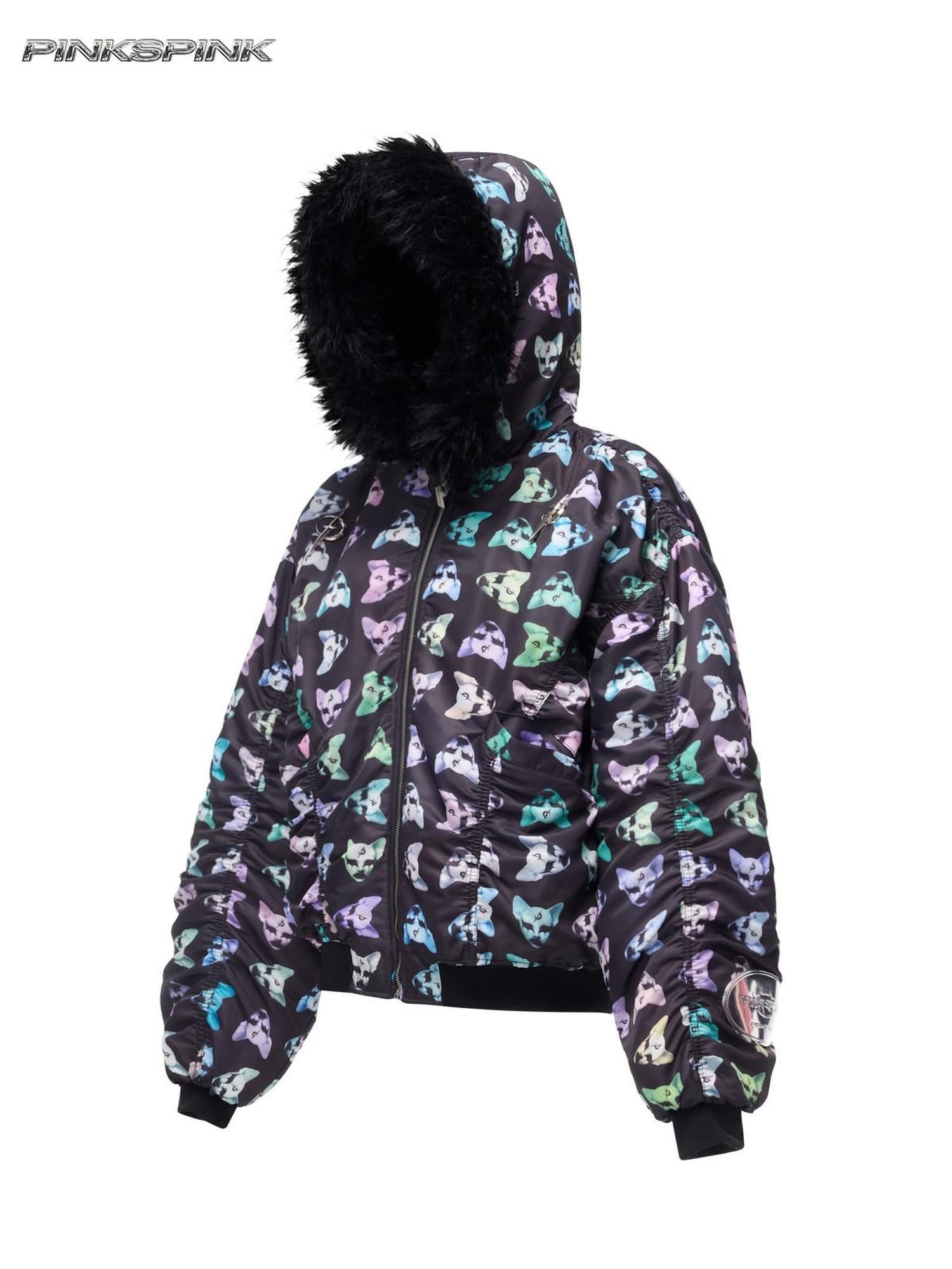PINKSPINK Cat Motif Black Metal Fur Collar Women's Cotton Puffer Jackets