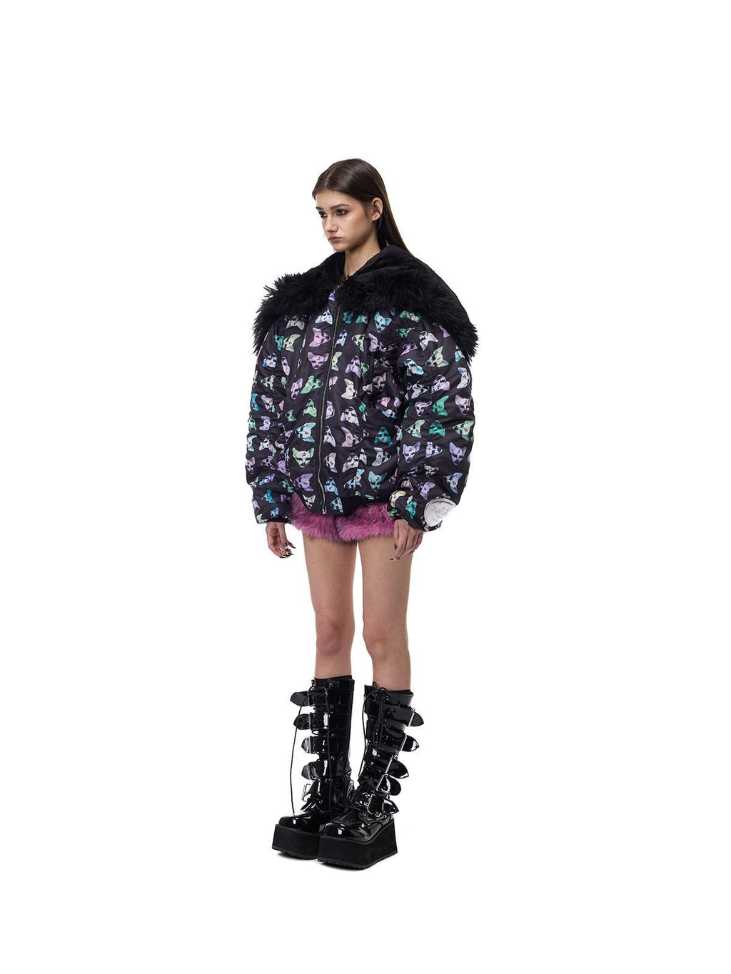 PINKSPINK Cat Motif Black Metal Fur Collar Women's Cotton Puffer Jackets