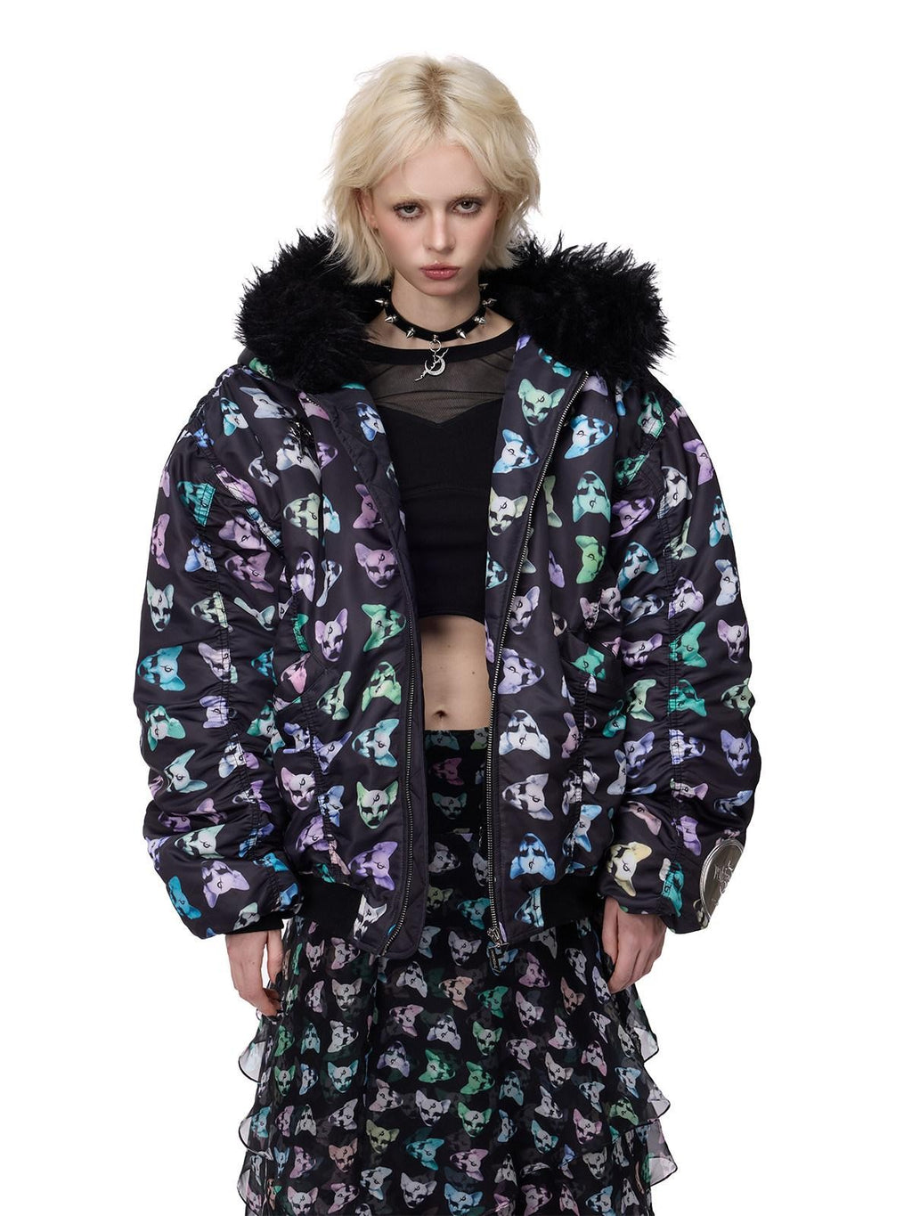 PINKSPINK Cat Motif Black Metal Fur Collar Women's Cotton Puffer Jackets