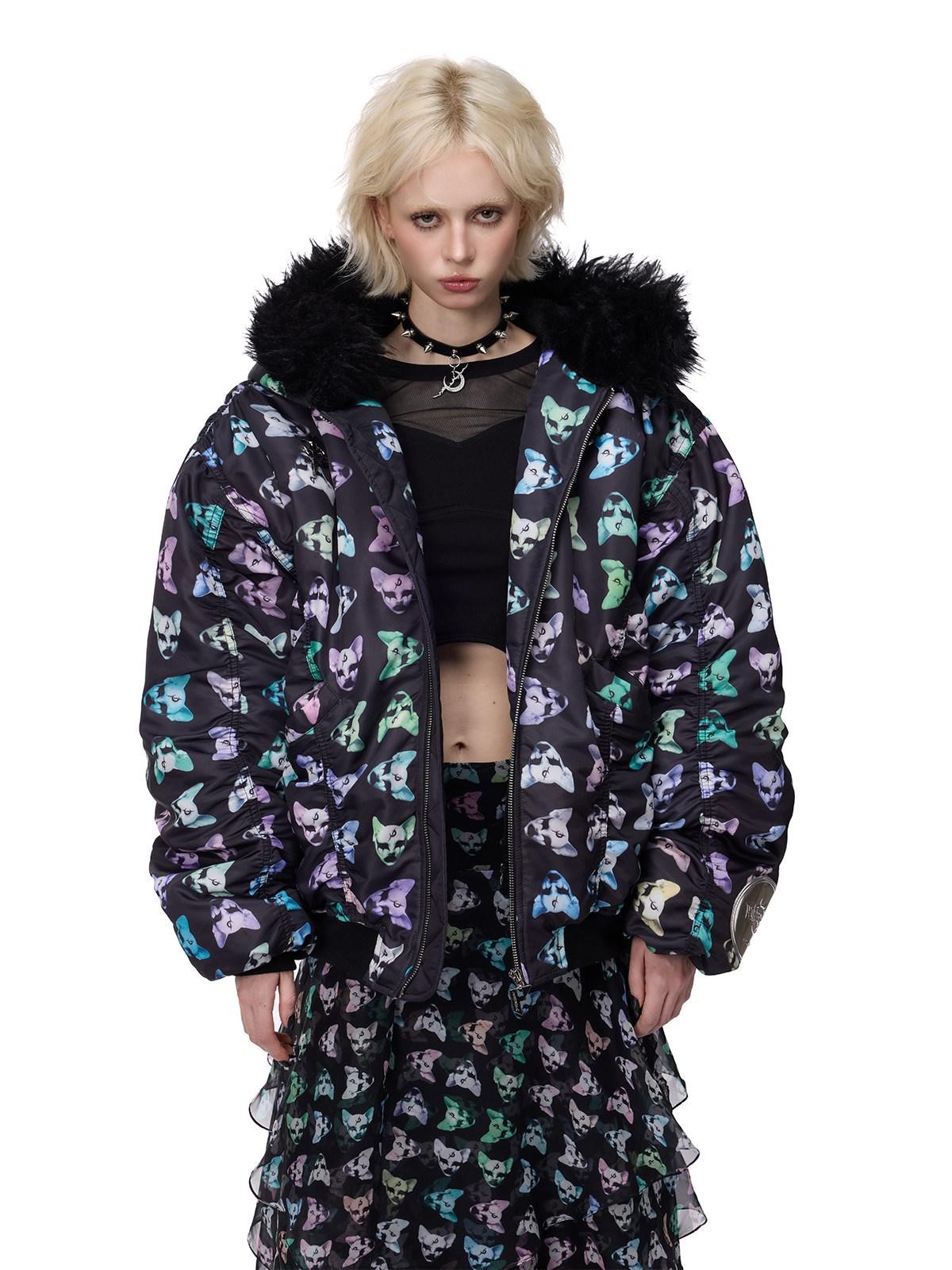 PINKSPINK Cat Motif Black Metal Fur Collar Women's Cotton Puffer Jackets