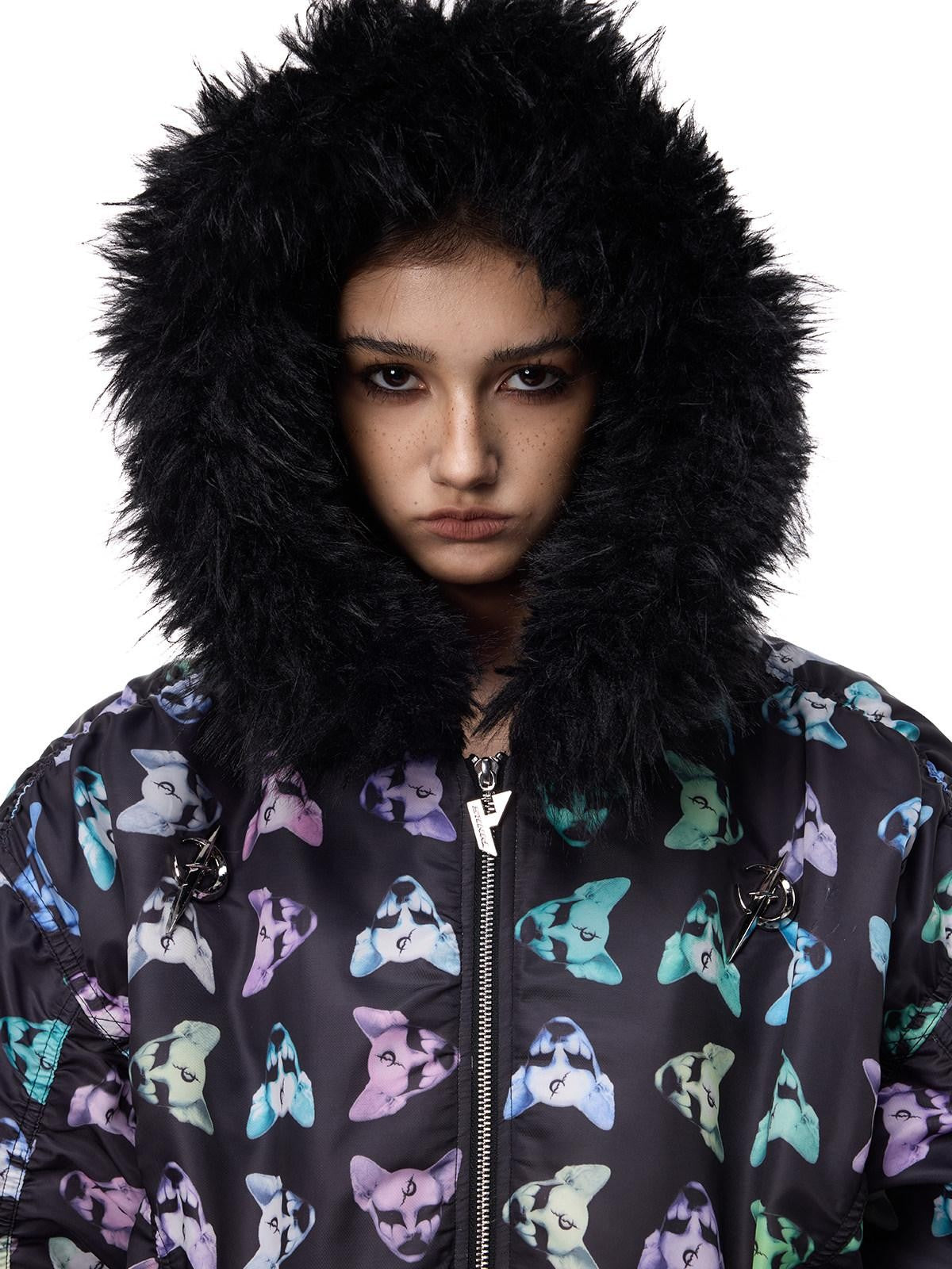PINKSPINK Cat Motif Black Metal Fur Collar Women's Cotton Puffer Jackets