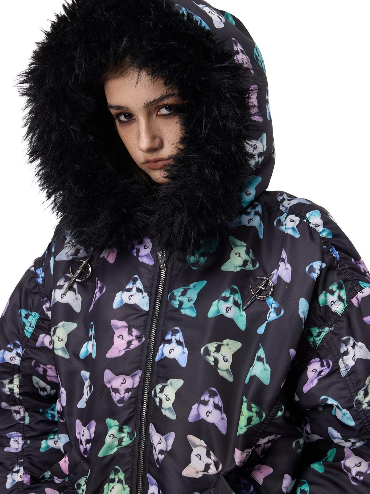 PINKSPINK Cat Motif Black Metal Fur Collar Women's Cotton Puffer Jackets