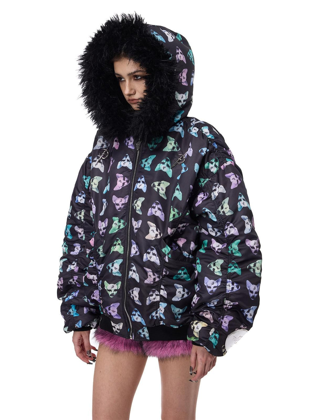 PINKSPINK Cat Motif Black Metal Fur Collar Women's Cotton Puffer Jackets