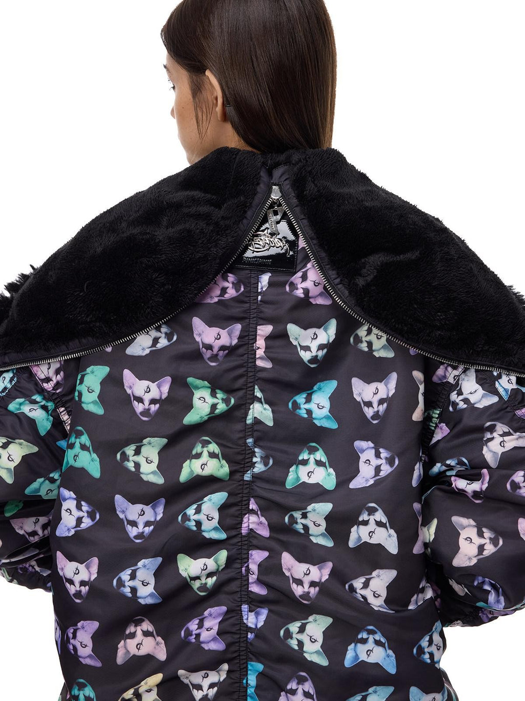 PINKSPINK Cat Motif Black Metal Fur Collar Women's Cotton Puffer Jackets