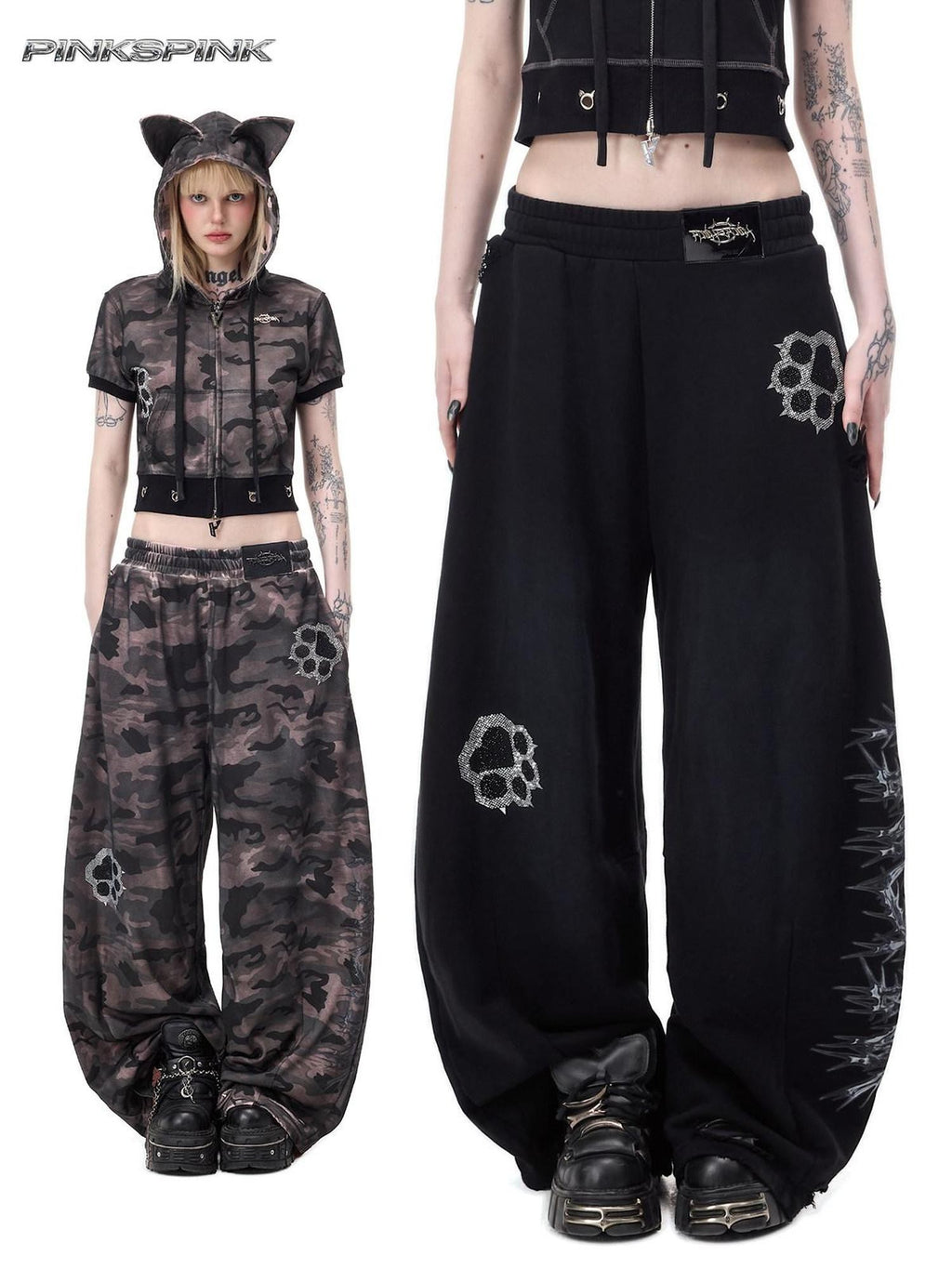 PINKSPINK Cat Paw Rhinestone Embroidered Camo Studded Women's Cotton Sweatpants