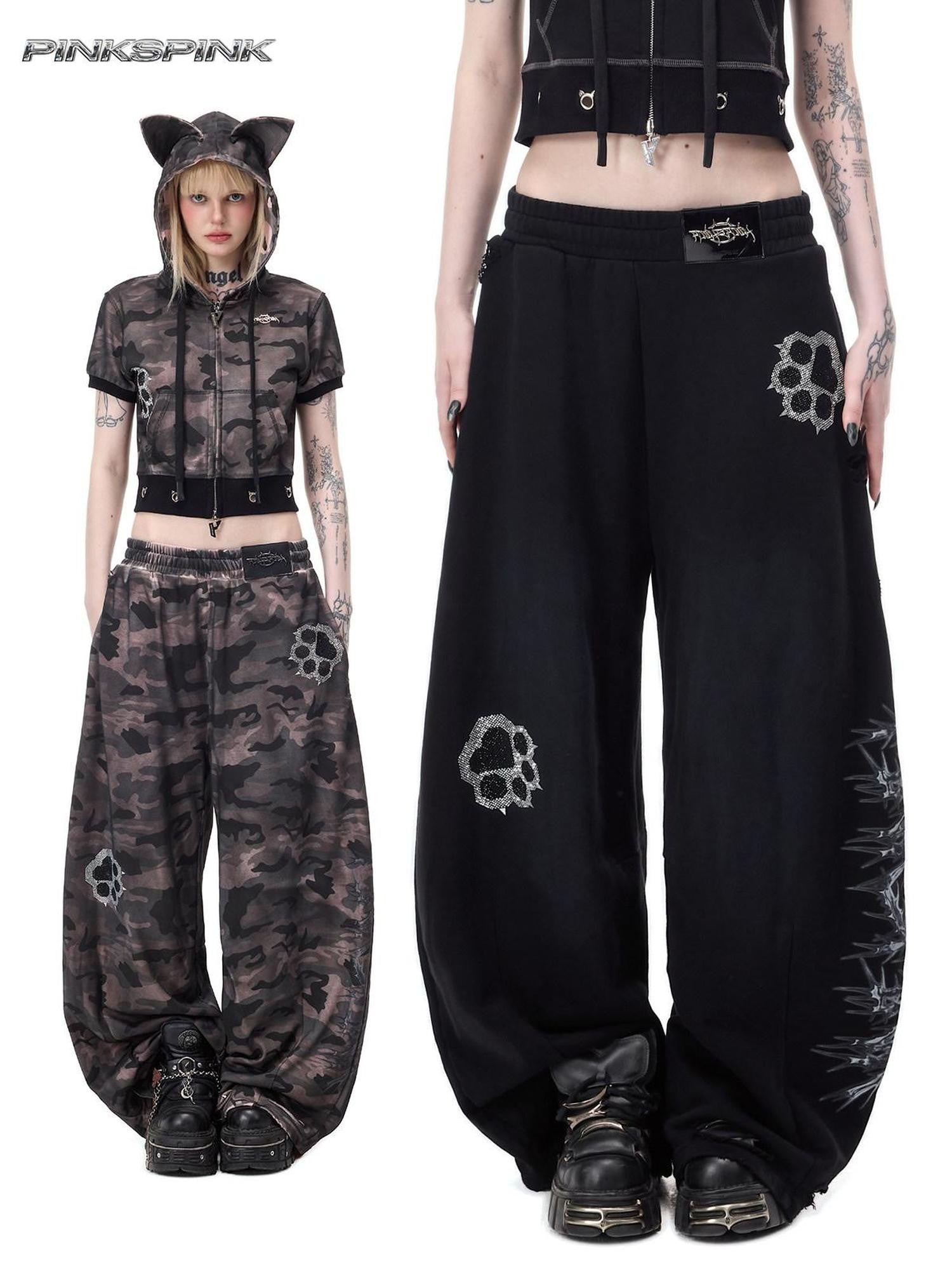 PINKSPINK Cat Paw Rhinestone Embroidered Camo Studded Women's Cotton Sweatpants