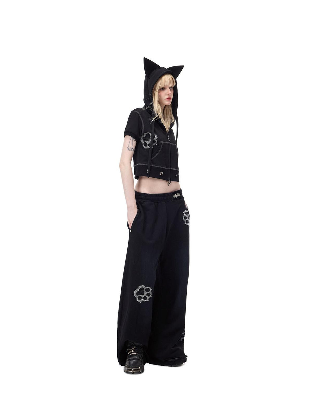 PINKSPINK Cat Paw Rhinestone Embroidered Camo Studded Women's Cotton Sweatpants