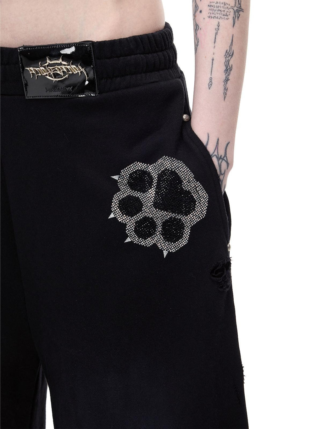 PINKSPINK Cat Paw Rhinestone Embroidered Camo Studded Women's Cotton Sweatpants