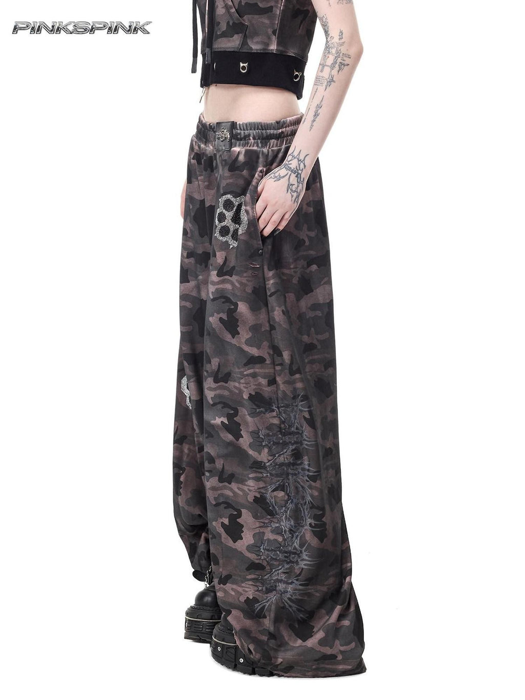 PINKSPINK Cat Paw Rhinestone Embroidered Camo Studded Women's Cotton Sweatpants
