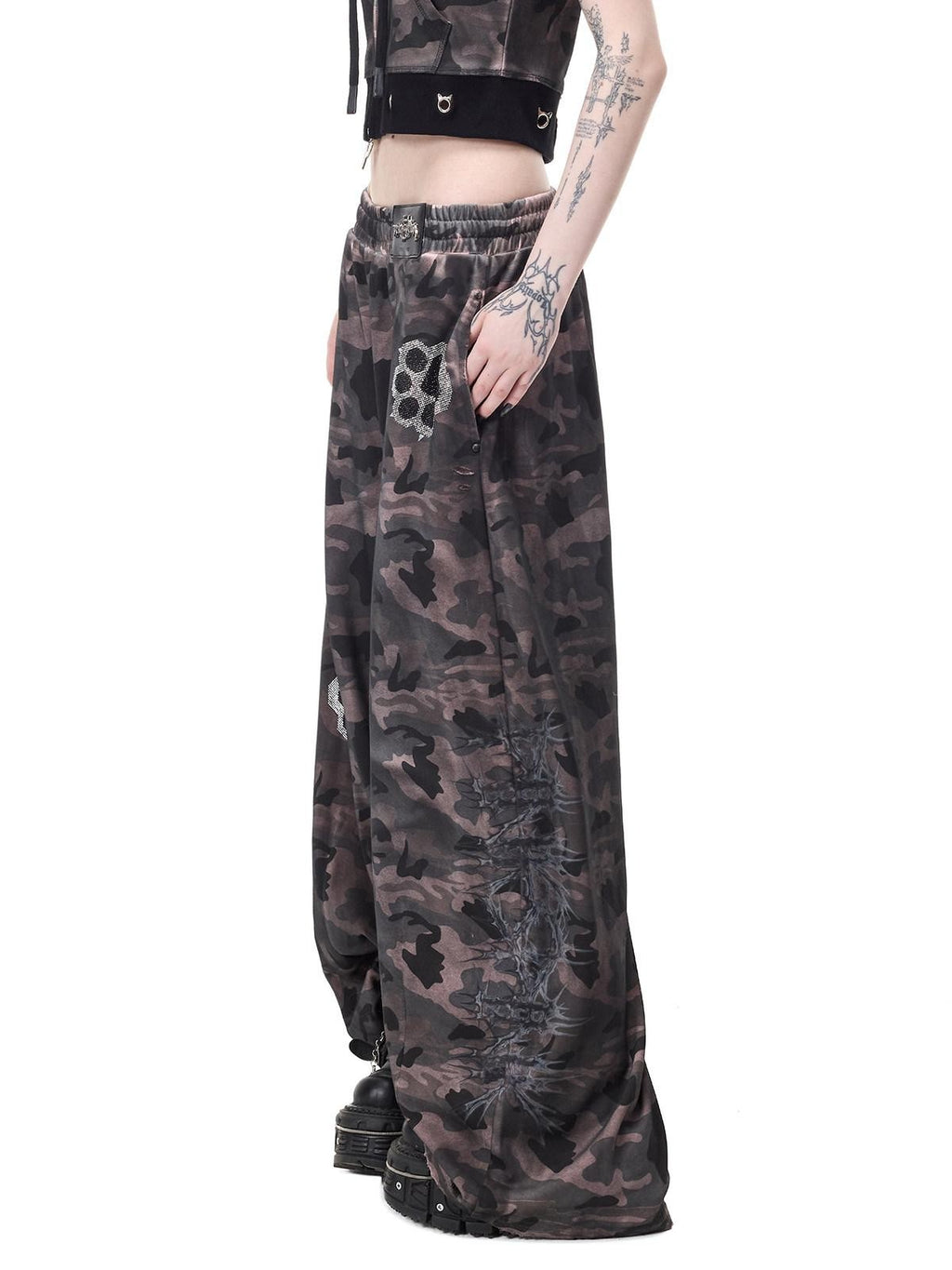 PINKSPINK Cat Paw Rhinestone Embroidered Camo Studded Women's Cotton Sweatpants