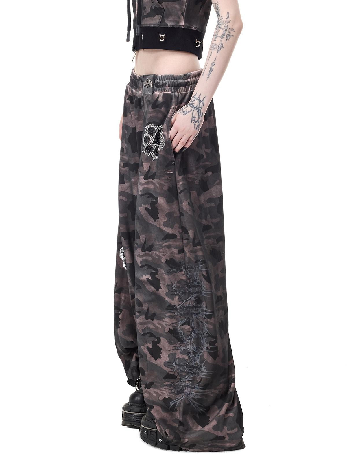 PINKSPINK Cat Paw Rhinestone Embroidered Camo Studded Women's Cotton Sweatpants
