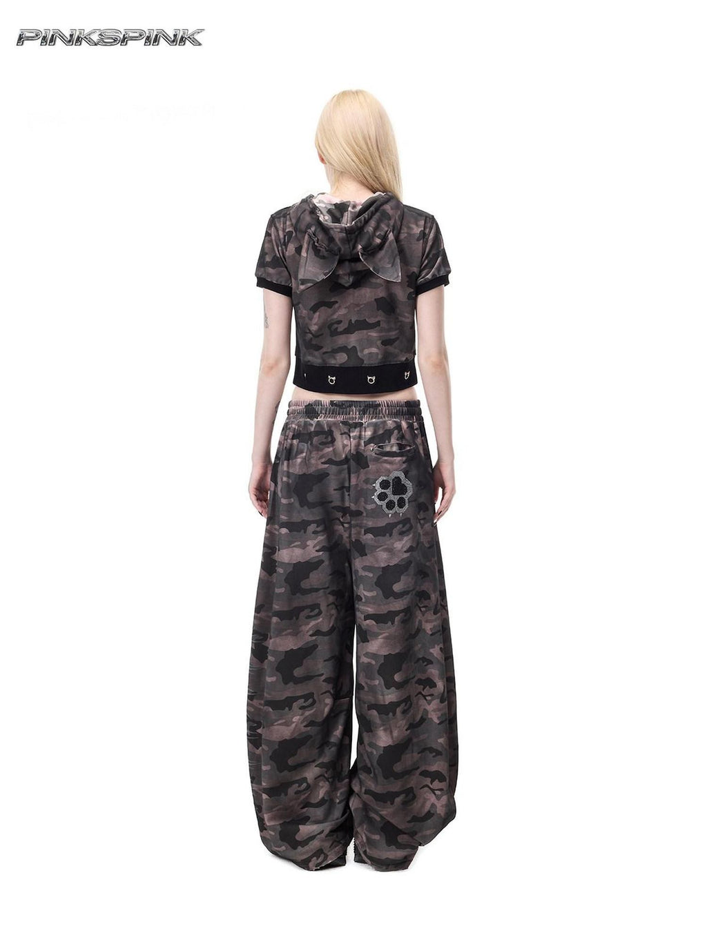 PINKSPINK Cat Paw Rhinestone Embroidered Camo Studded Women's Cotton Sweatpants