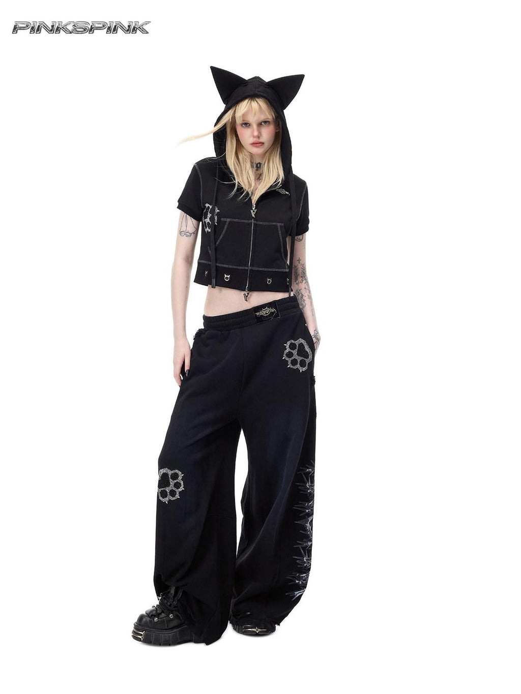 PINKSPINK Cat Paw Rhinestone Embroidered Camo Studded Women's Cotton Sweatpants