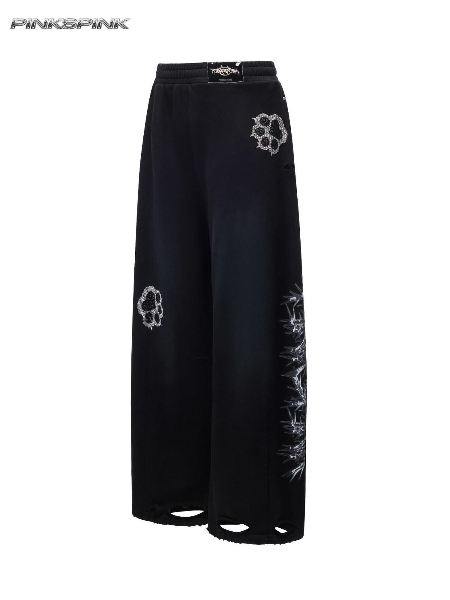 PINKSPINK Cat Paw Rhinestone Embroidered Camo Studded Women's Cotton Sweatpants