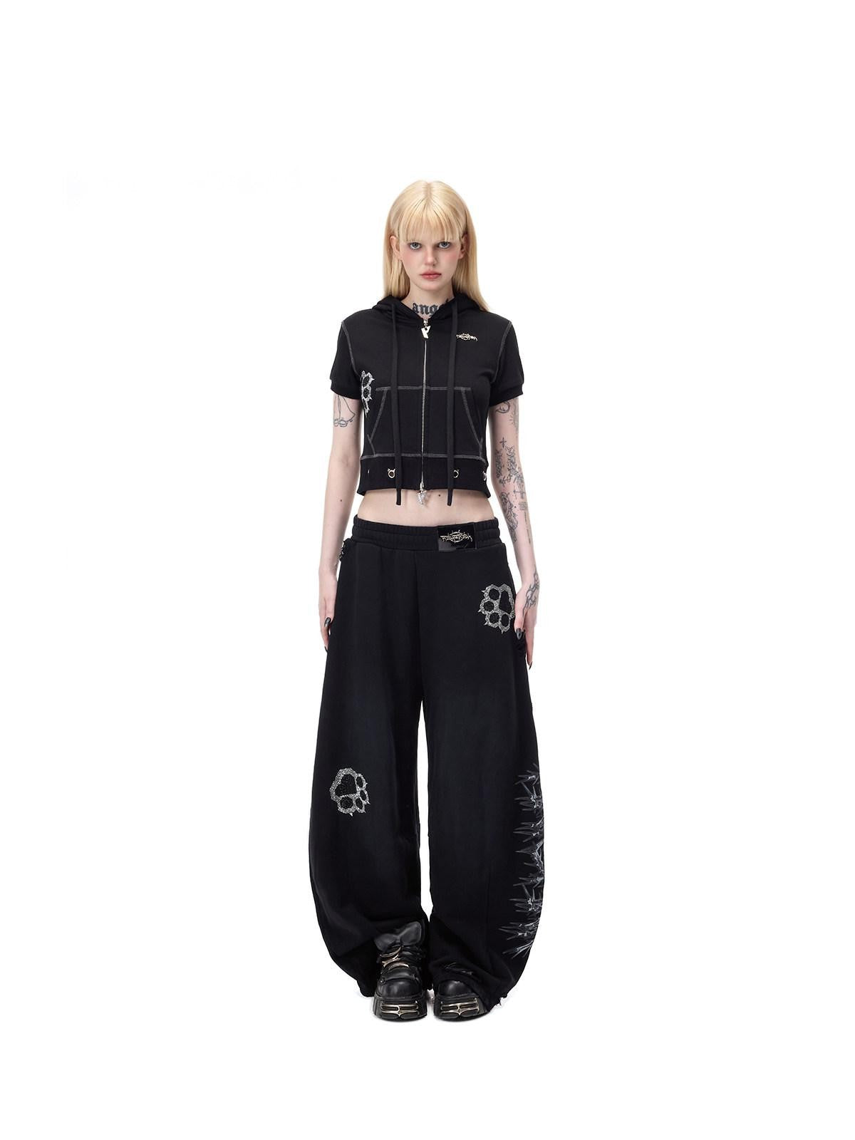 PINKSPINK Cat Paw Rhinestone Embroidered Camo Studded Women's Cotton Sweatpants