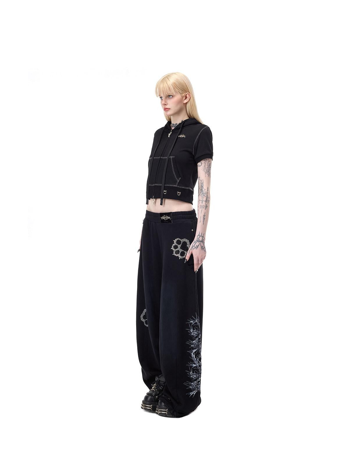 PINKSPINK Cat Paw Rhinestone Embroidered Camo Studded Women's Cotton Sweatpants